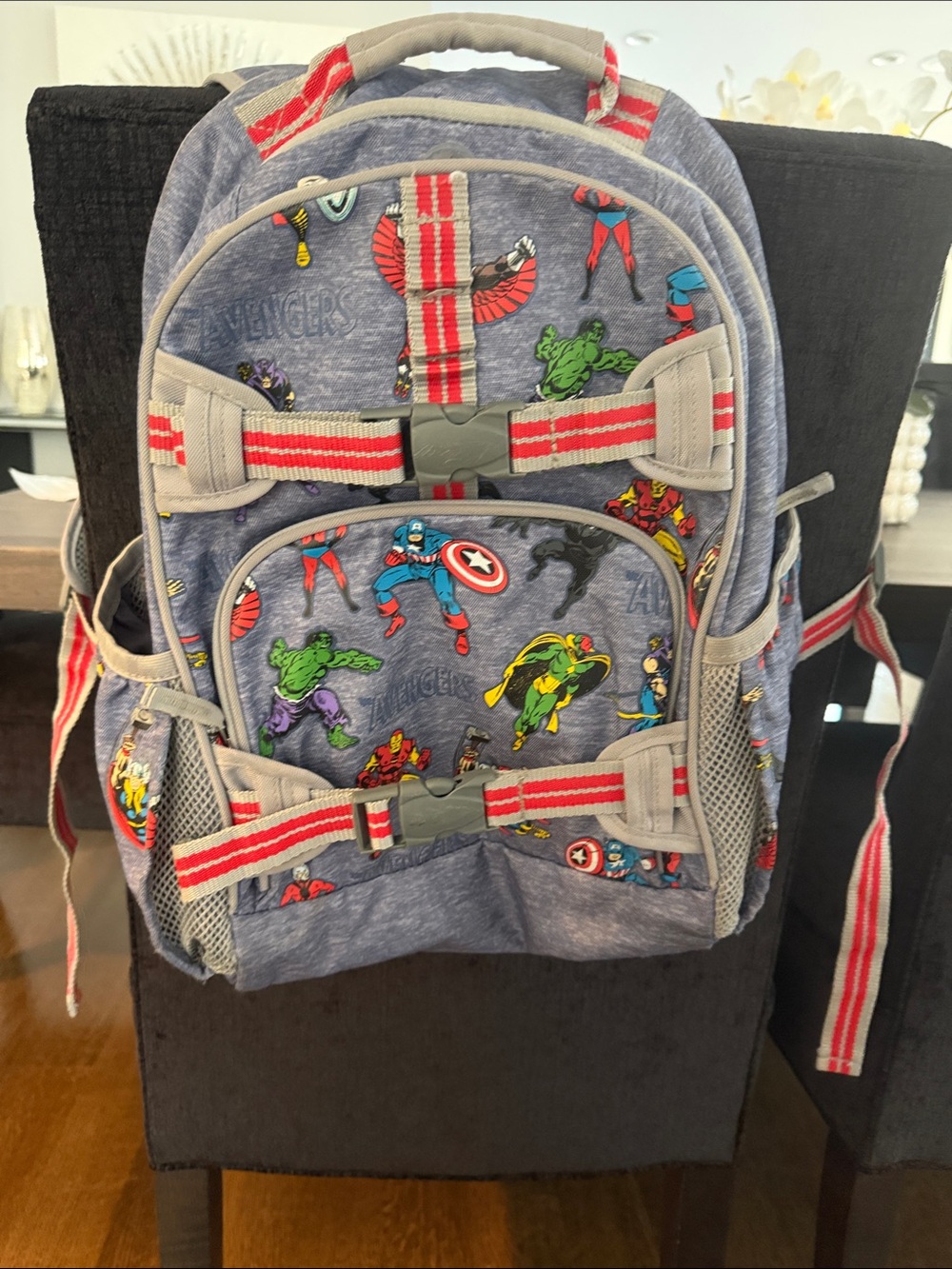 Pottery Barn Kids Avengers Print Gray-Blue Backpack with Red Straps